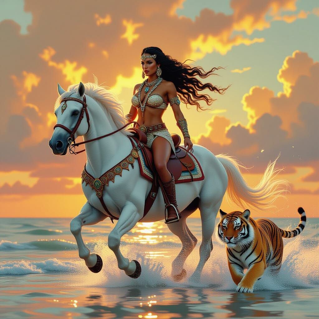 Amazon Warrior Rides White Stallion by Shore