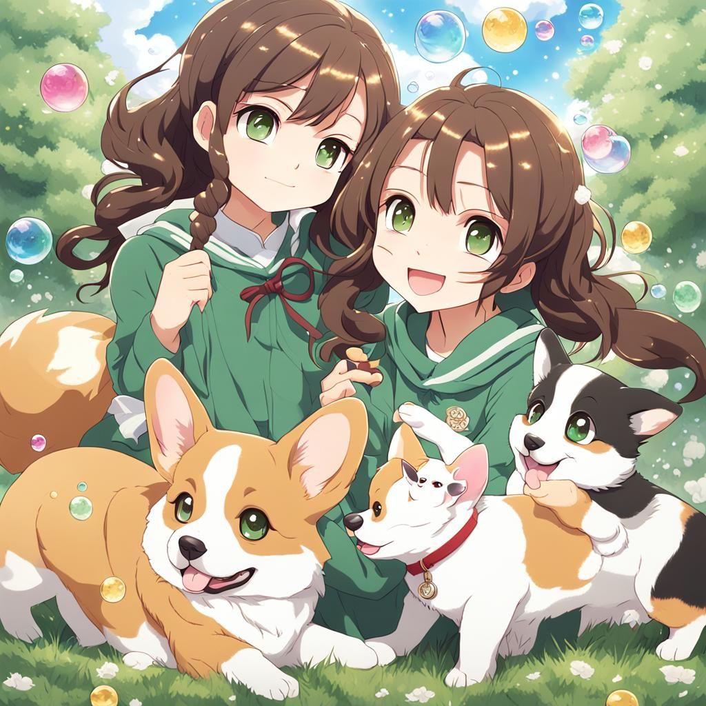 Girl with Corgi Puppy in Anime Style