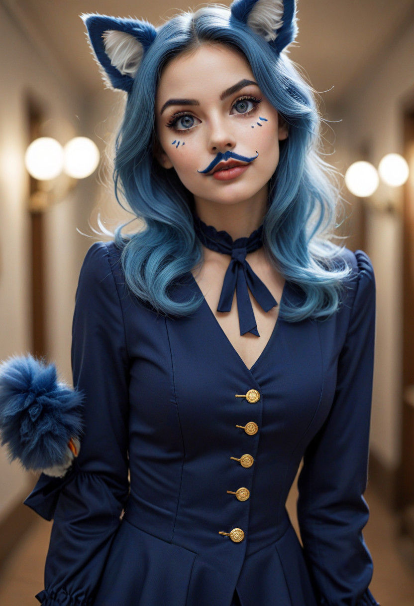 Woman in Tight Circus Costume with Rabbit Ears and Cat Whisk...