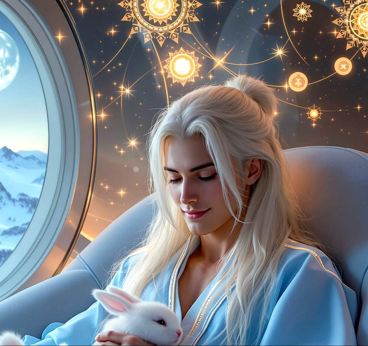 Ethereal Man Cuddles Bunnies in Glowing Spaceship