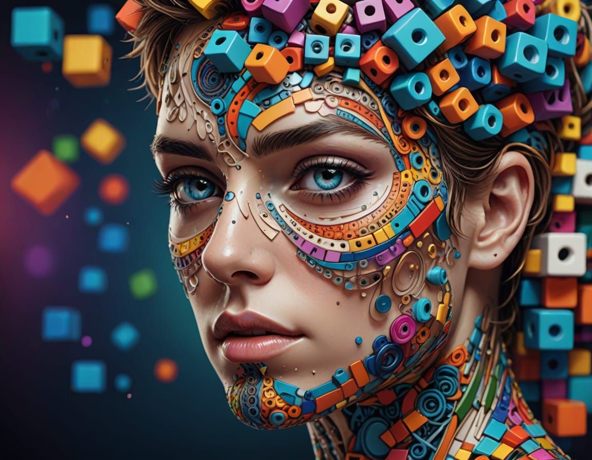 Hyperrealistic Fragmented Portrait in Vibrant Triadic Colors