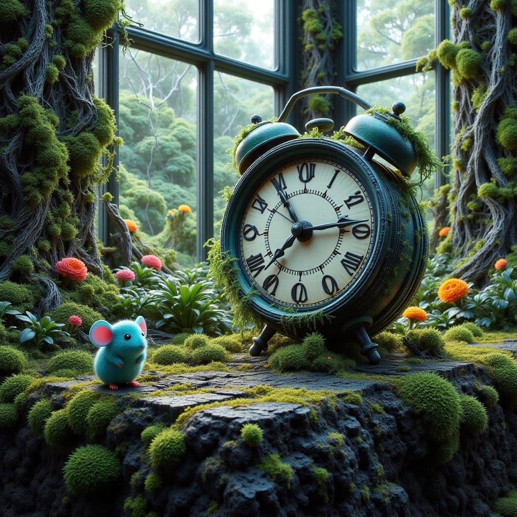 Weathered Clock in Overgrown Greenhouse with Aqua Mouse