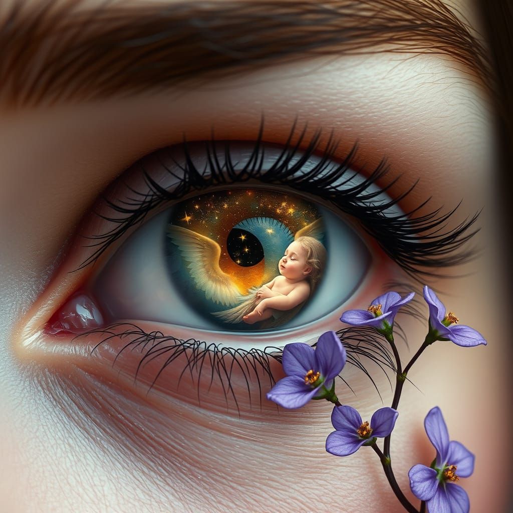 Celestial Tears: A Woman's Eye Reflecting Life and Death