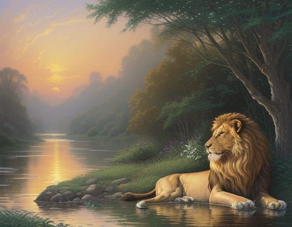 Majestic Lion Drinks Nile River in Art Nouveau Style