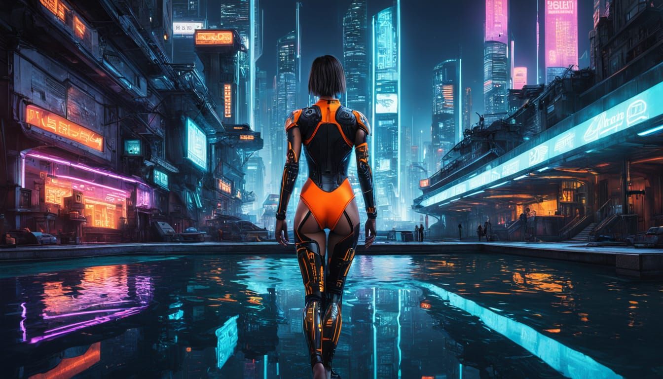 Cyberpunk Woman in Neon Cityscape