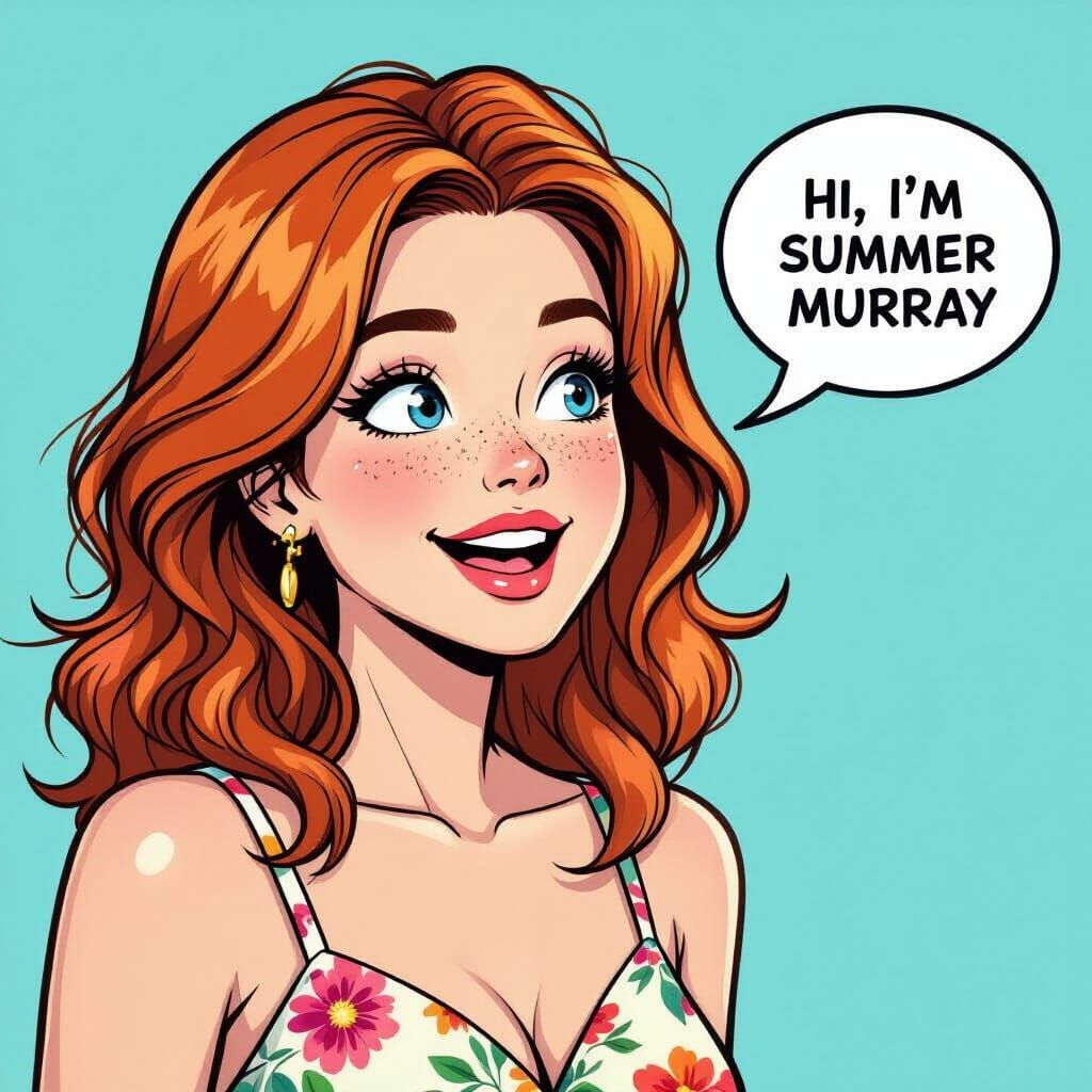 Young Woman with Freckles in Floral Dress, Animated Comic Ar...