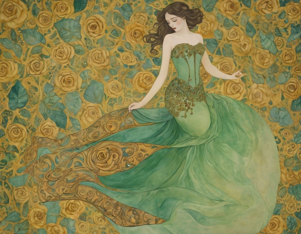 Ethereal Green Mermaid Dress with Rose Lace Corset