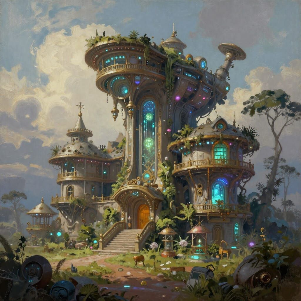 Steampunk African Mansion Painting with Bioluminescent Glow