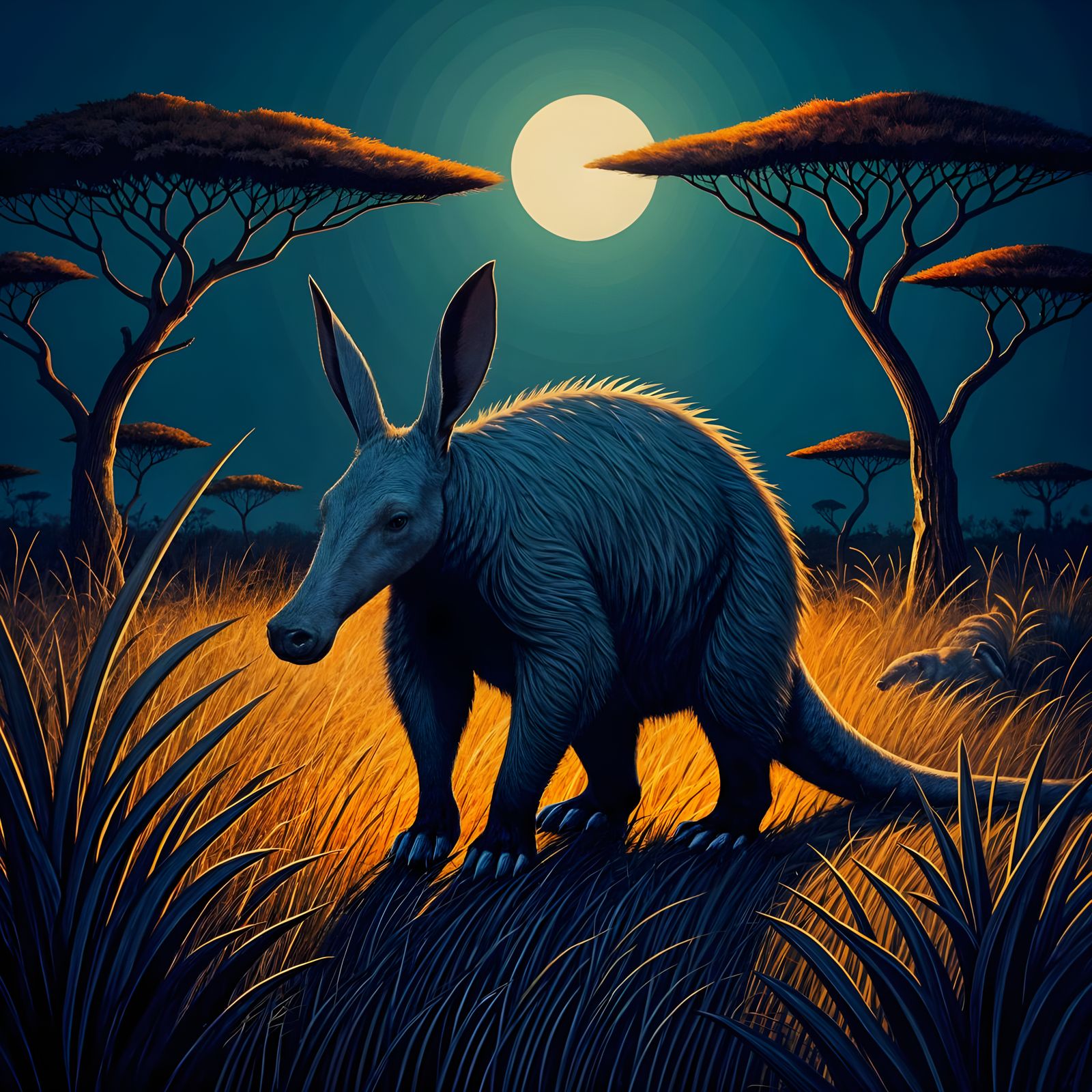Whimsical Aardvark Under Starry Savanna Sky