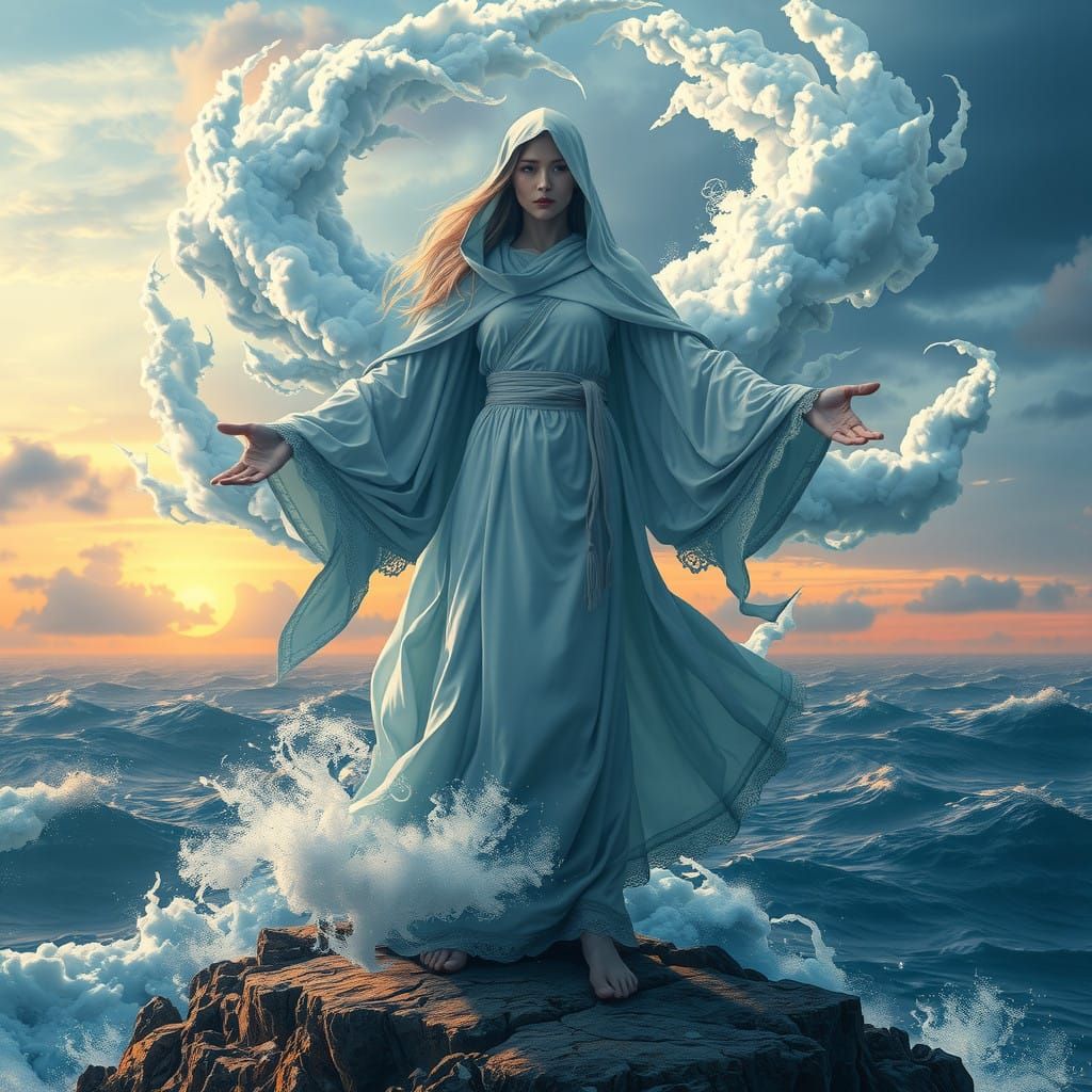 Ethereal Being Embracing the Turbulent Sky in a Dreamlike La...