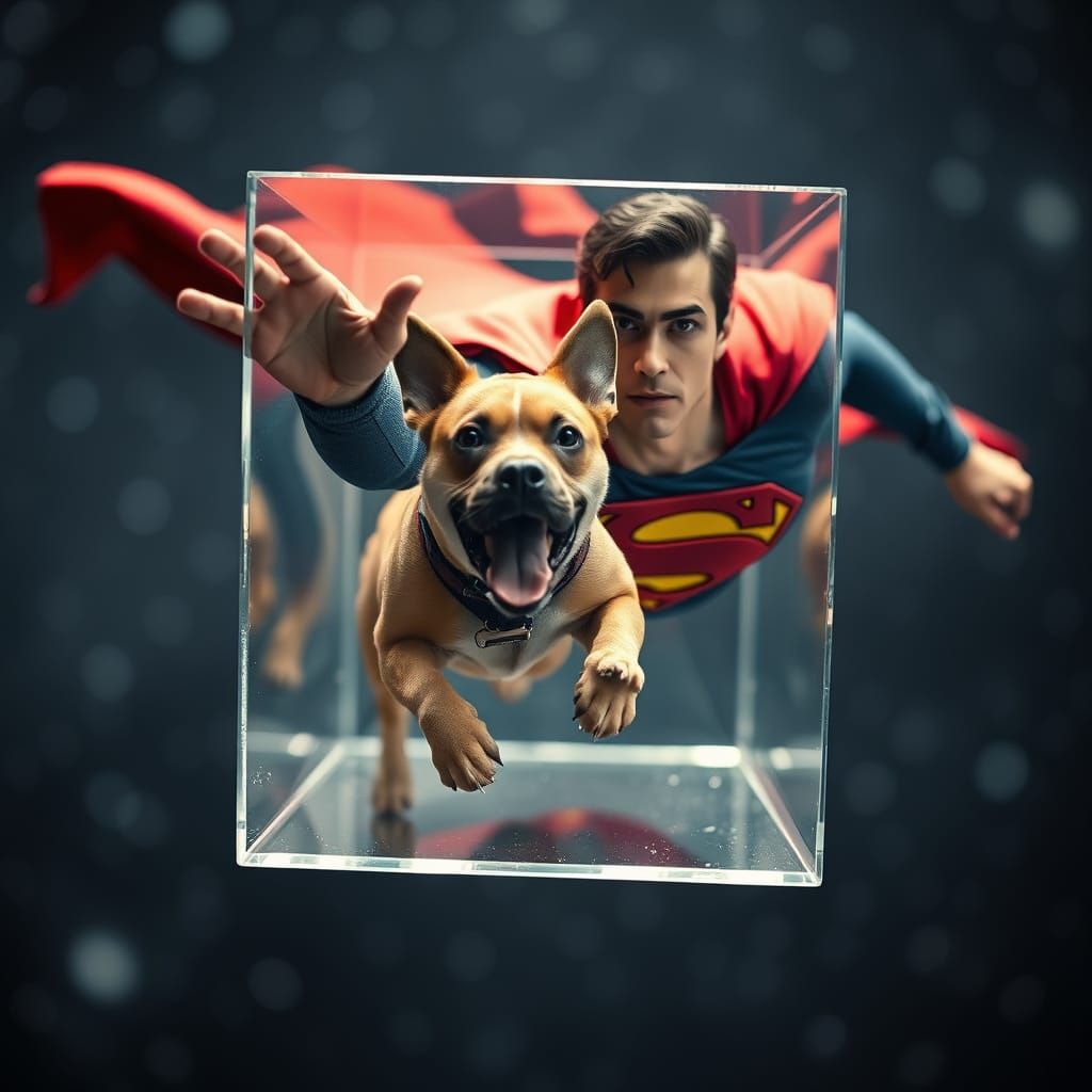 Superman and Superdog Suspended in Space within a Glass Cube