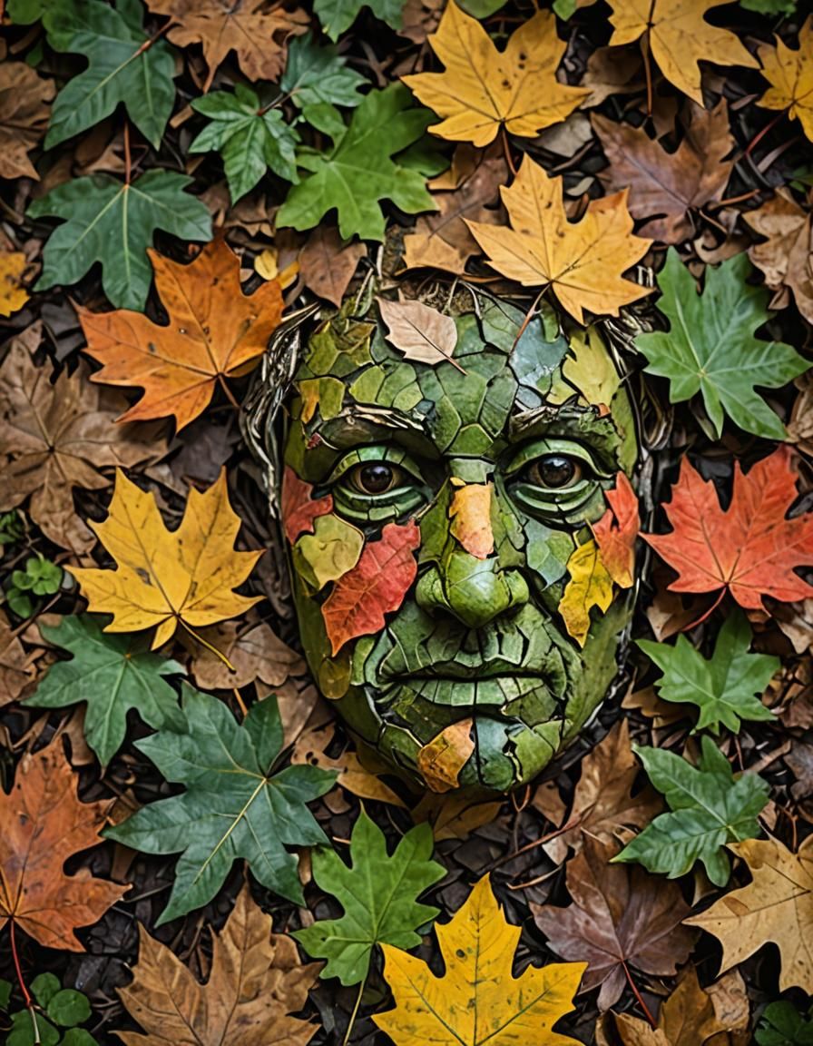 Earthy Leaves Form Face in Nature Art