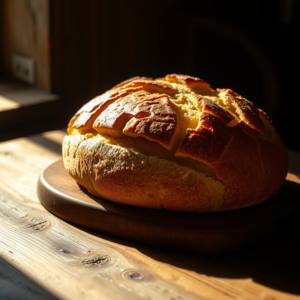 Golden Bread with Dramatic Lighting, in Chiaroscuro Style