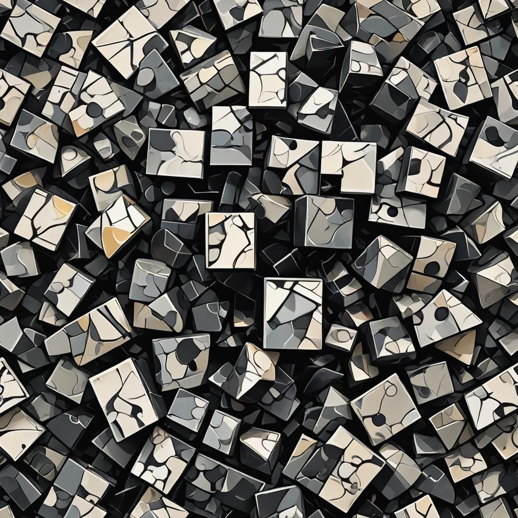 Abstract Cubist Brain with Black Square, Marble Background