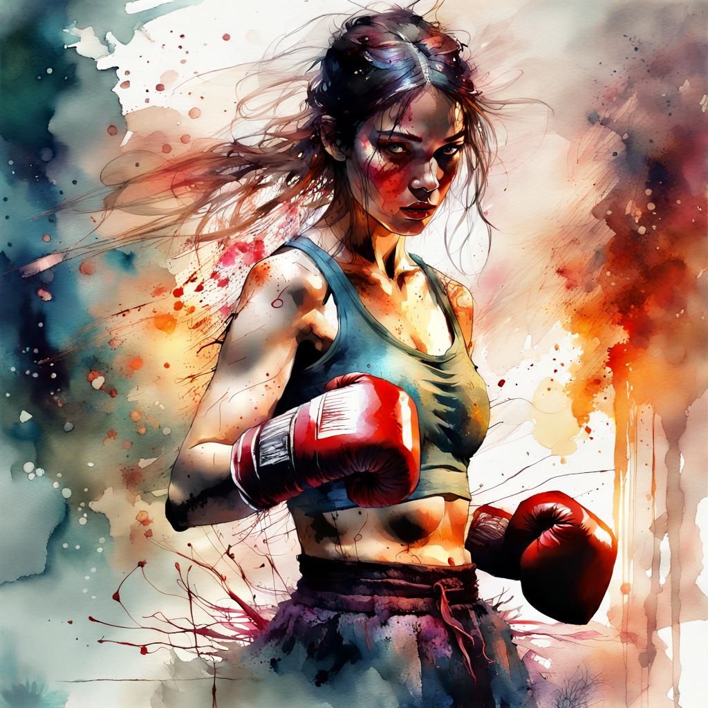 Stunning Watercolor Boxing Fighter in Fantasy Sunset