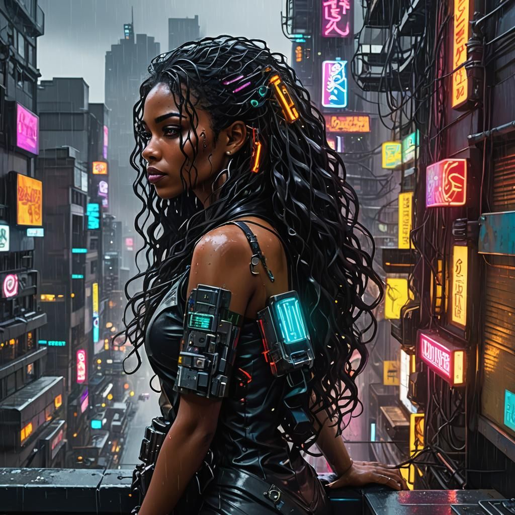 Cyberpunk Spy Girl in Rainy Cityscape