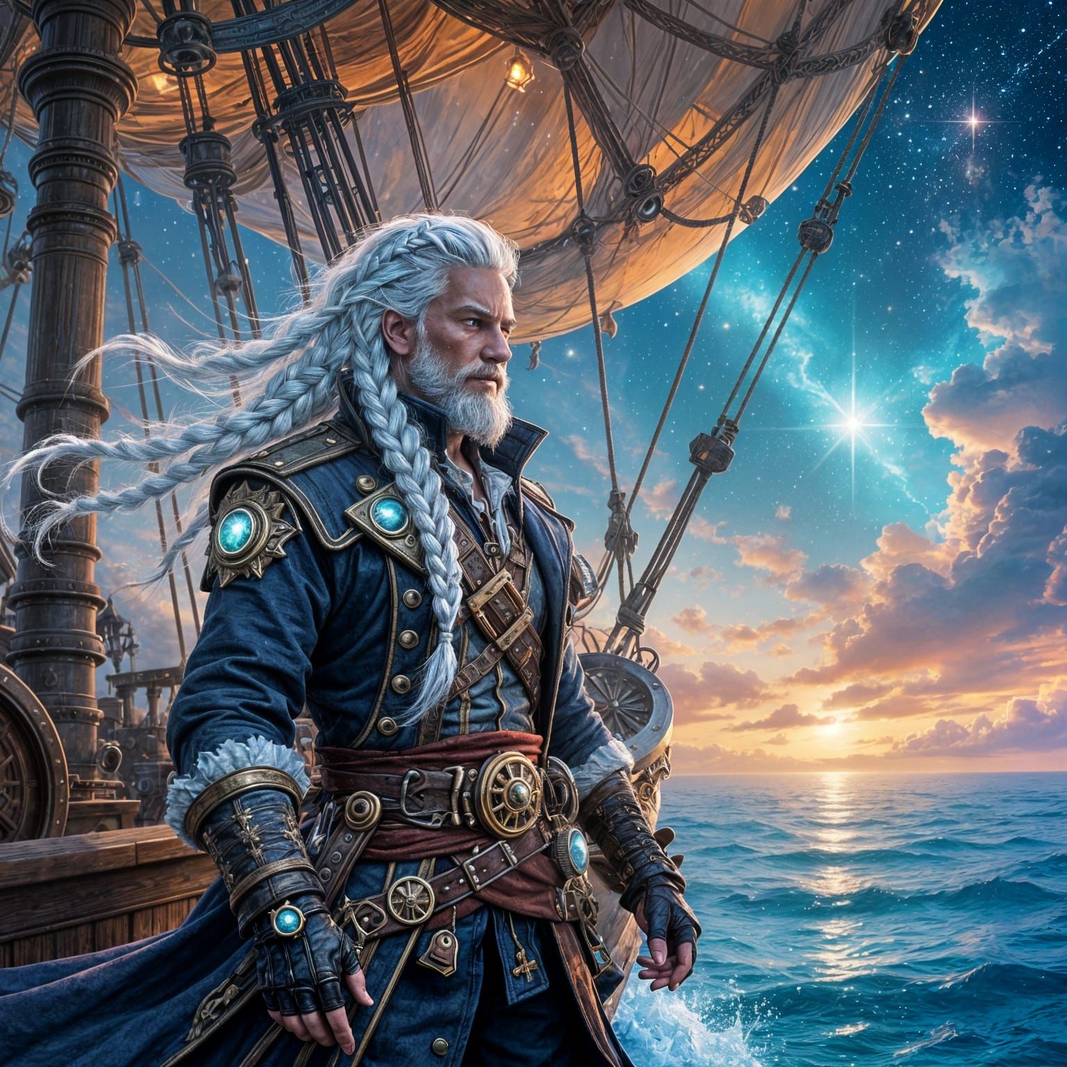 Steampunk Pirate Captain Sailing Nebula Sky