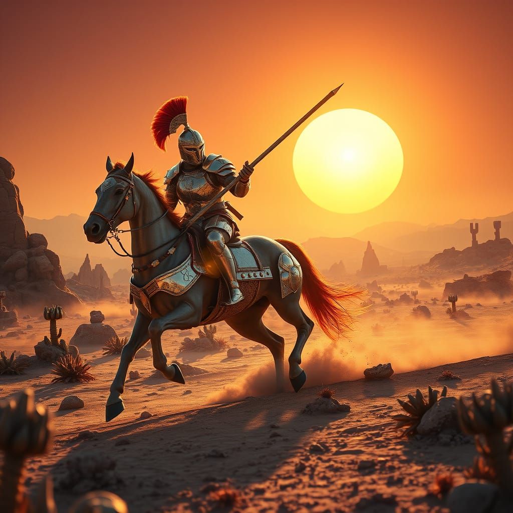 Epic Futuristic Cataphract Charges Across Alien Landscape