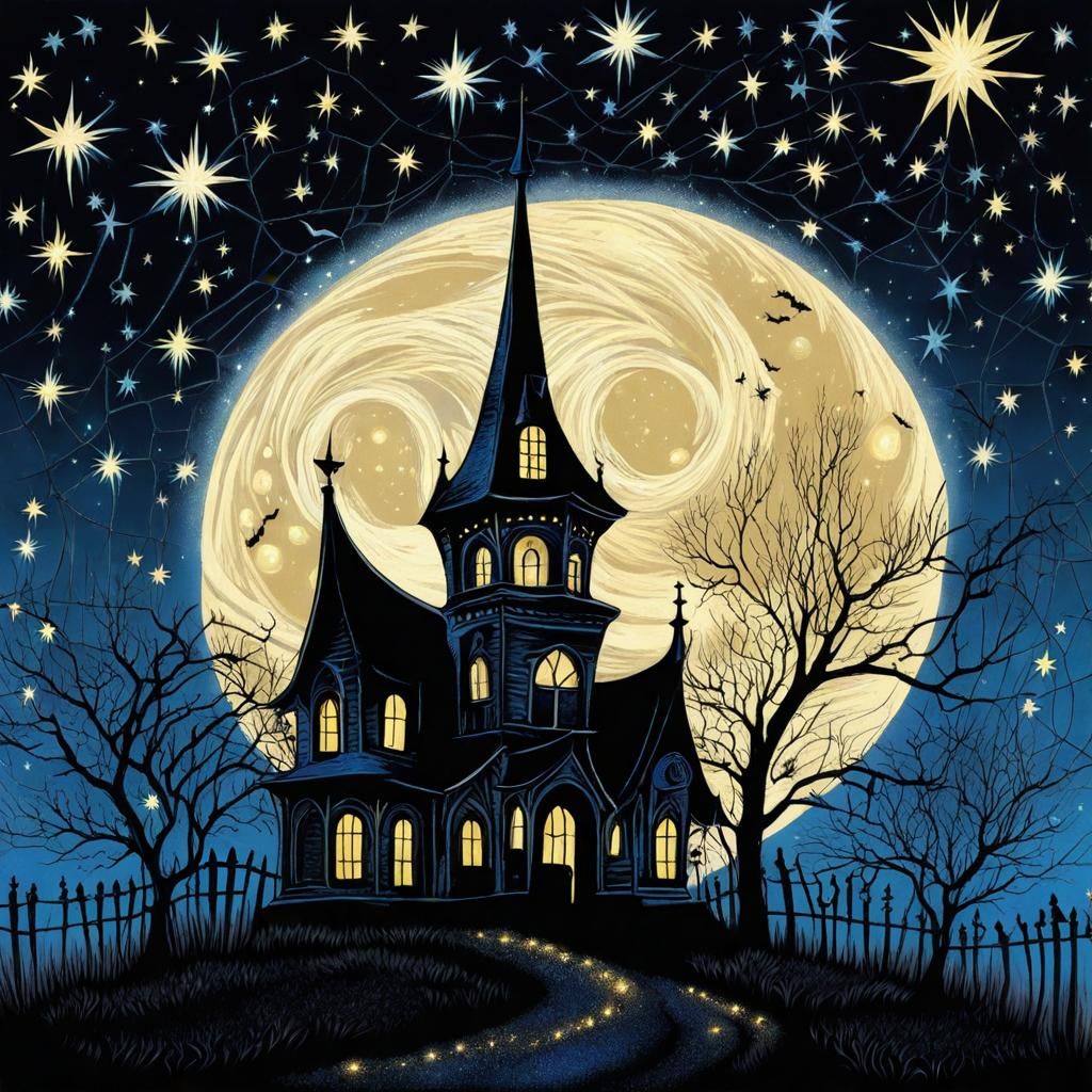 Gothic Haunted House under Starry Night Sky