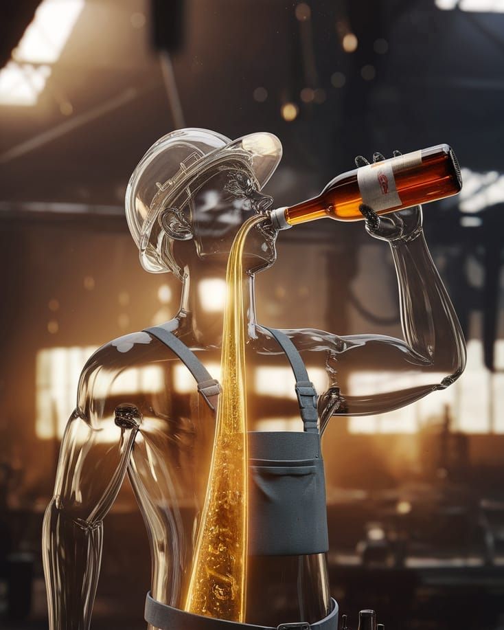 Surreal Glass Construction Worker Savoring Beer in Industria...