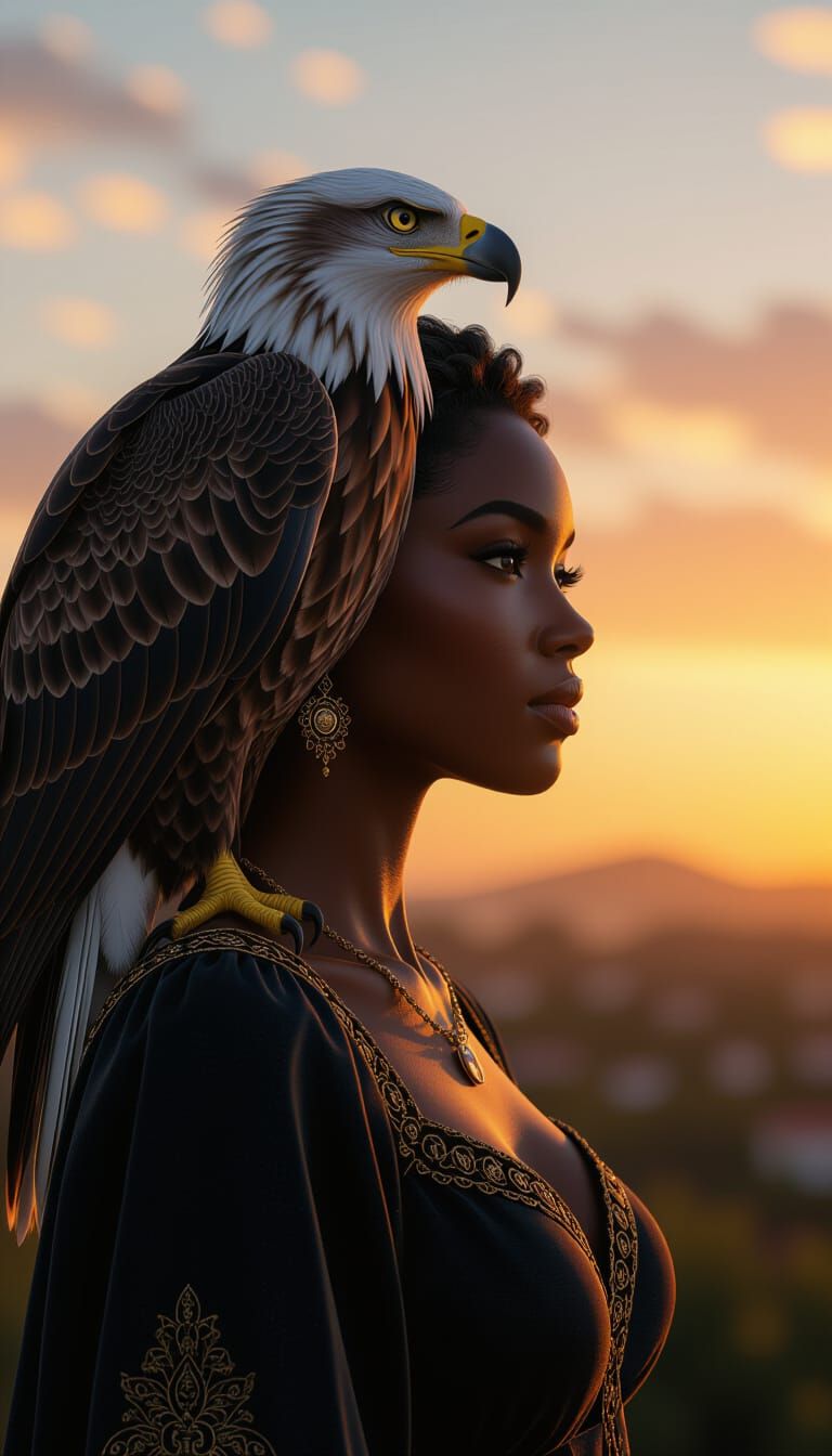 Eagle and Woman at Sunset in Renaissance Style