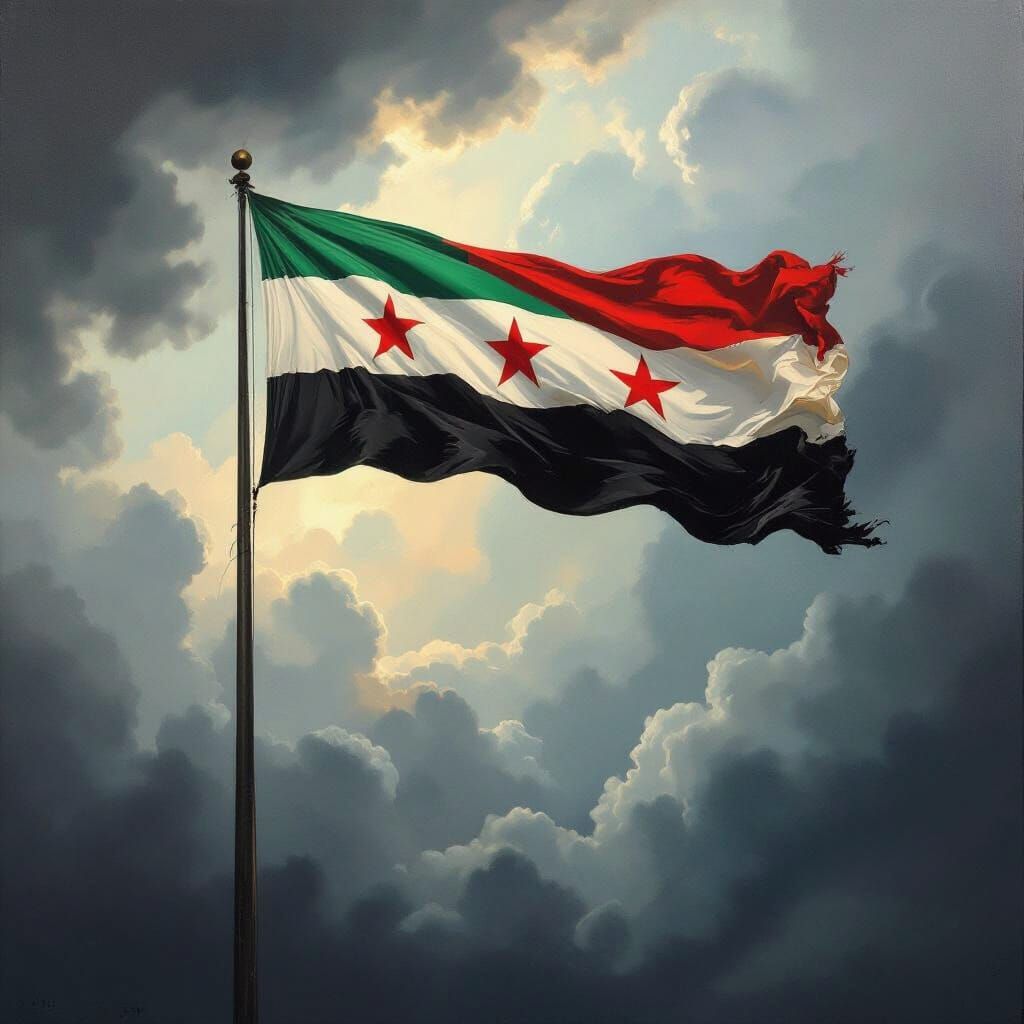Syrian Flag Waving in Dramatic Oil Painting Style