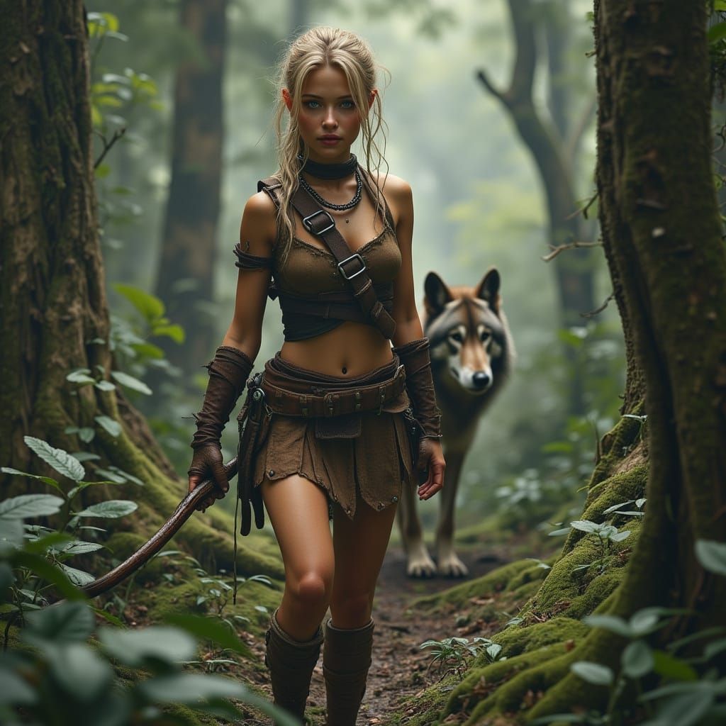 Wood Elf Huntress in Photorealistic Forest Scene