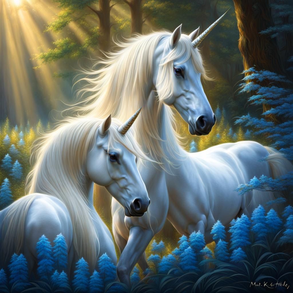 Majestic Blue and White Unicorns in HDR