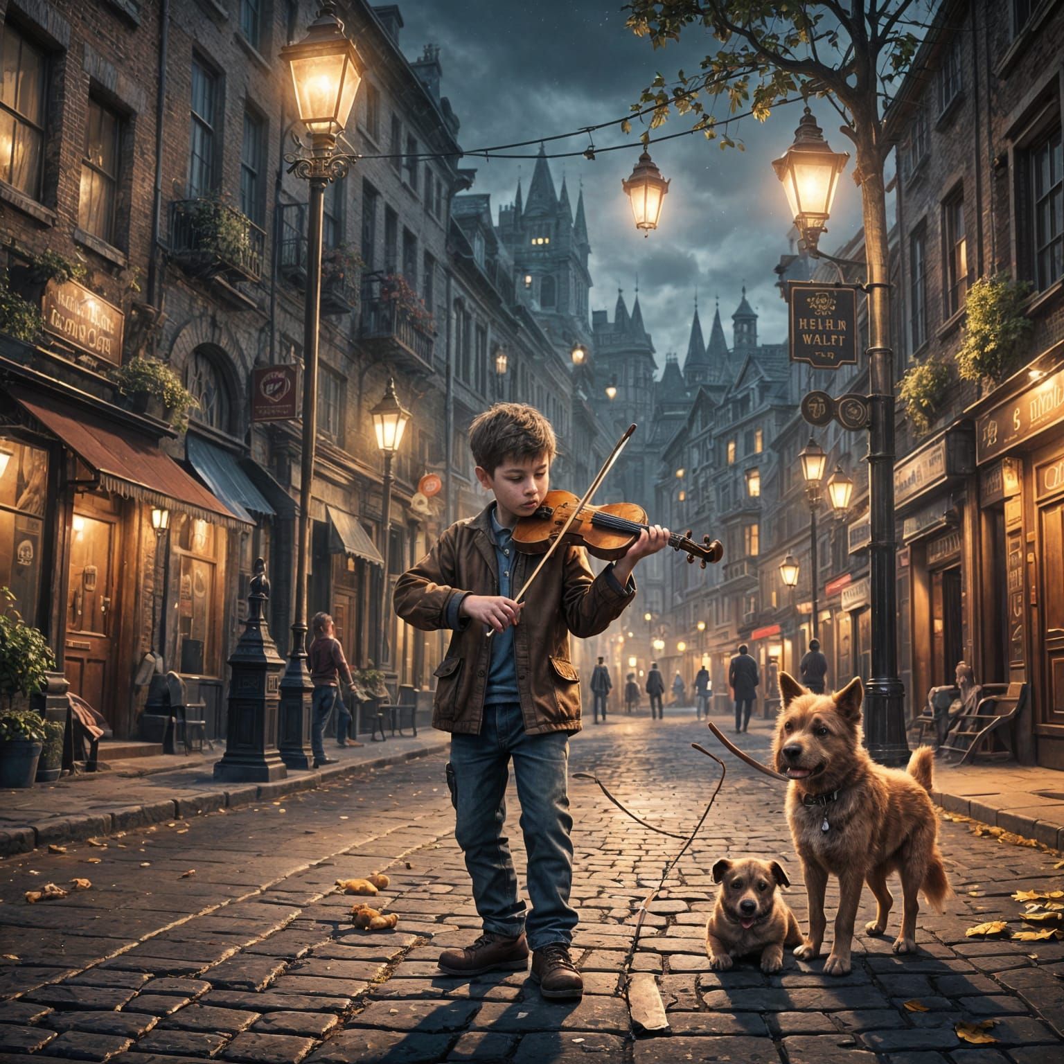 Boy Plays Violin for Dog: Matte Painting