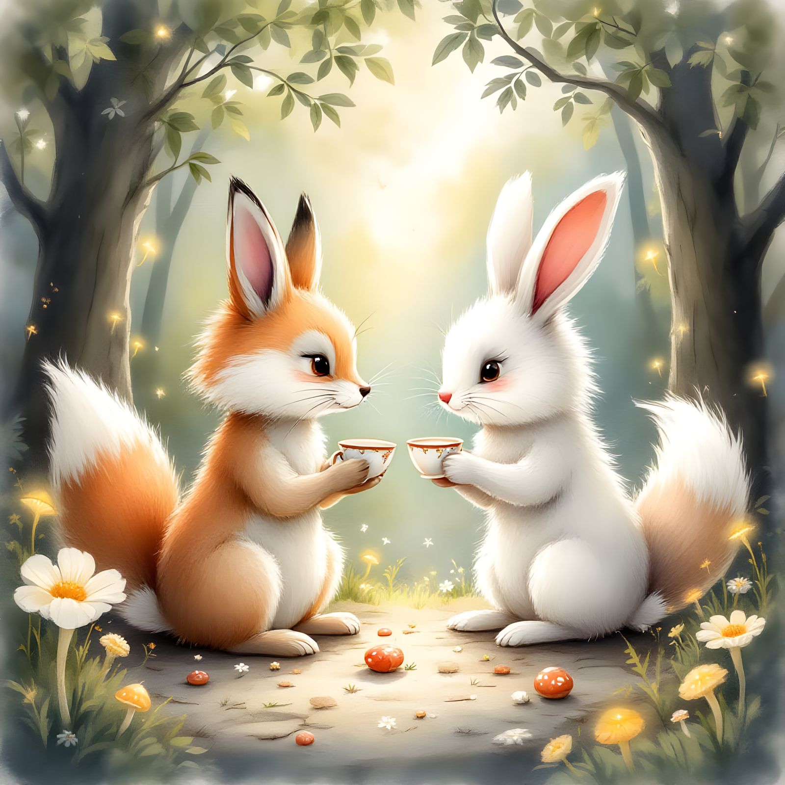 Rabbit and Fox Enjoying Tea in a Magical Forest