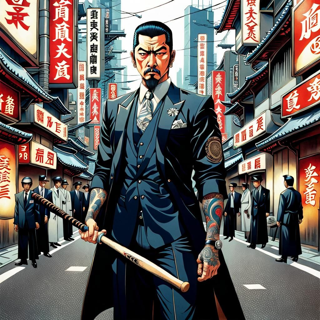Tattooed Yakuza Boss in Futuristic Tokyo