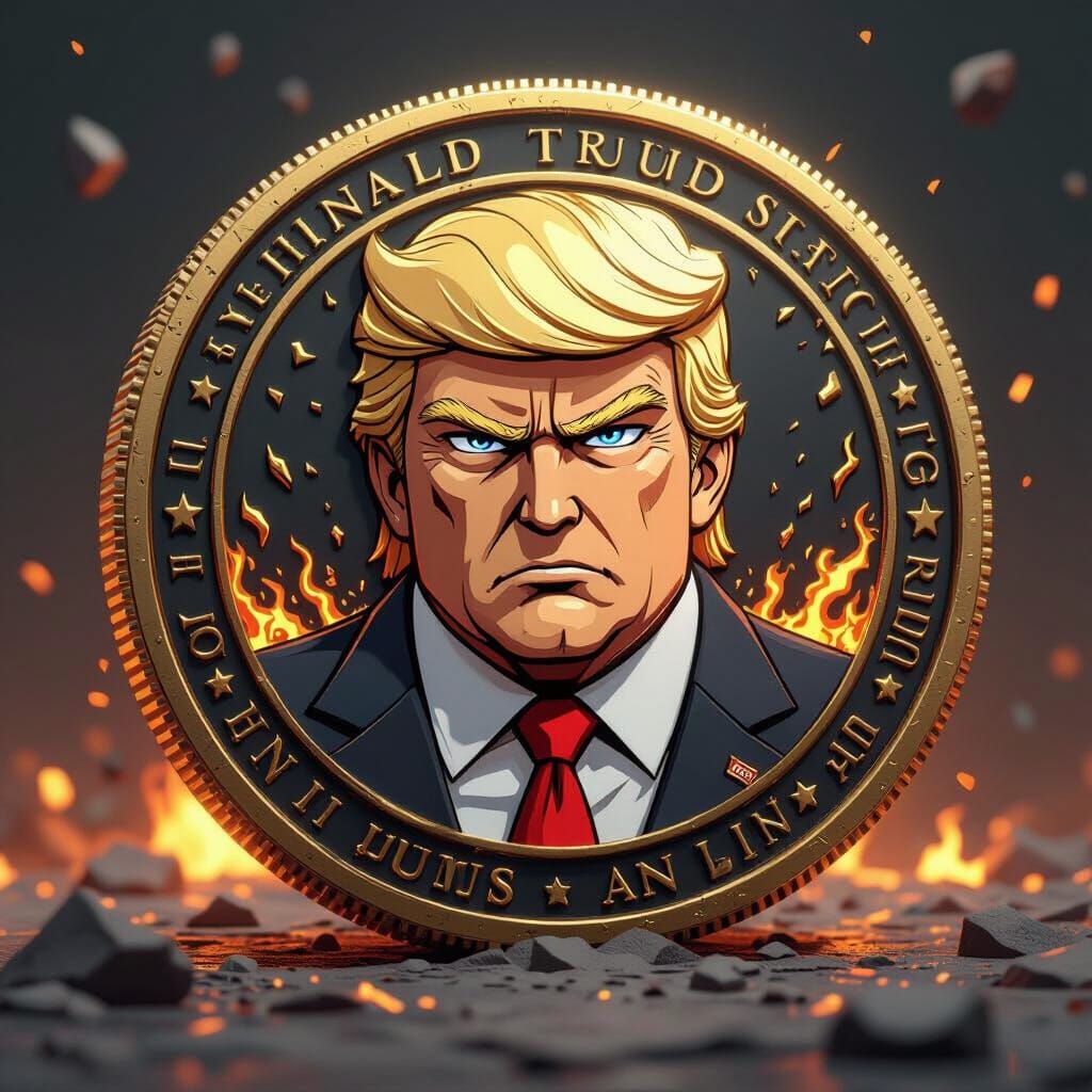 Fierce Donald Trump Coin Illustration in 3D Anime Style
