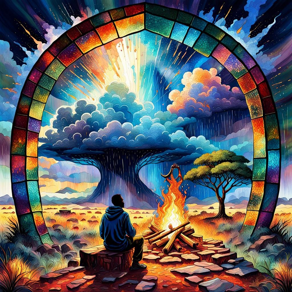 The Magical Tree, the Stained Glass portal, the man and his Bonfire