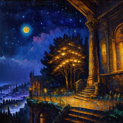 Steampunk Wolf Under Starry Sky in Neo-Impressionist Style