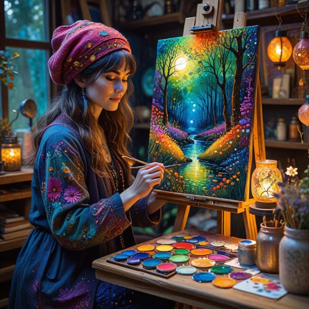 Whimsical Flickerleaf Artist in Enchanted Studio