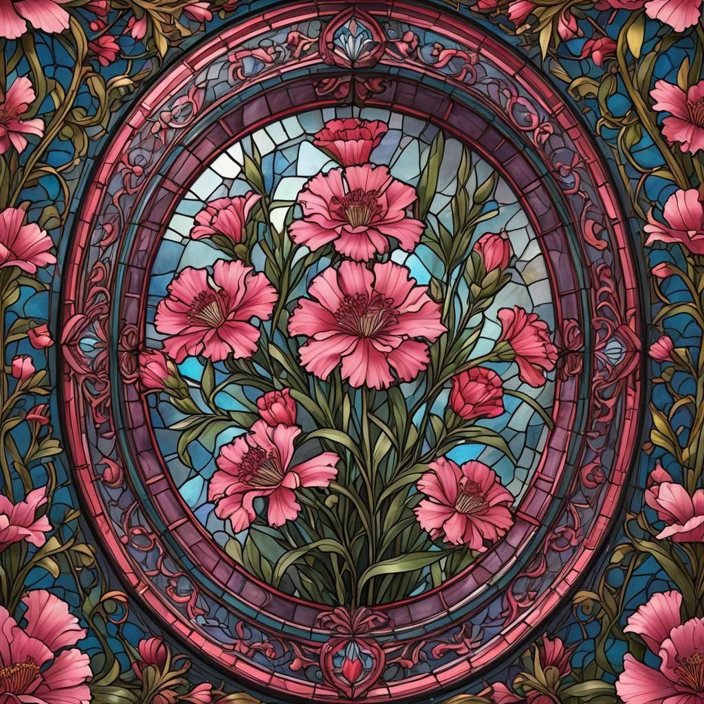 Dianthus Flower in Stained Glass Oval