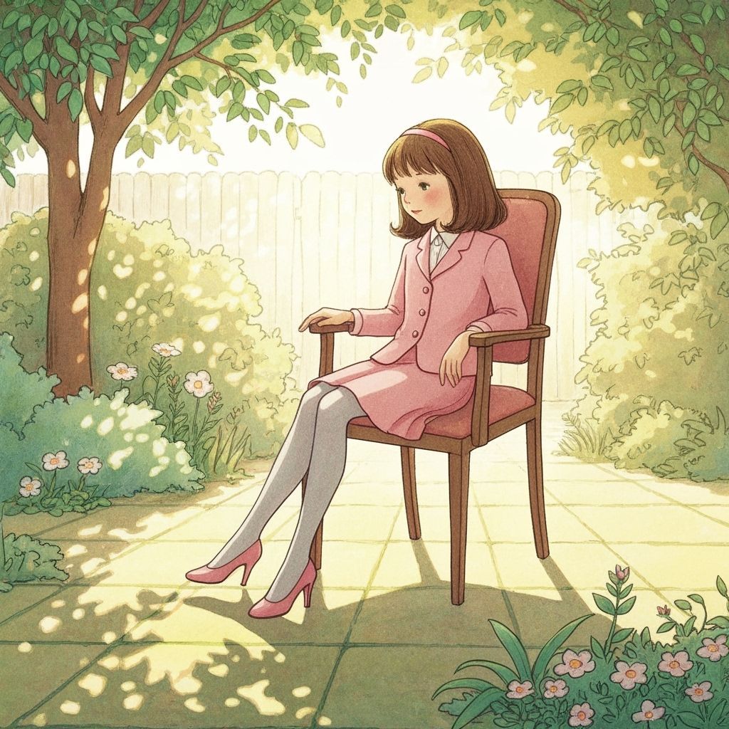 Young Girl in Pink Skirt Suit in Sunlit Backyard