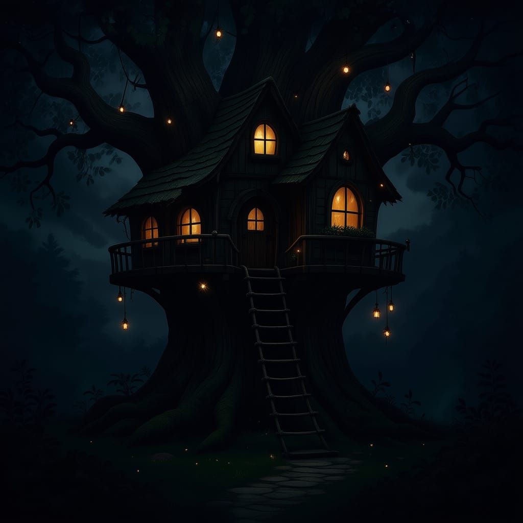 Enchanted Treehouse in Fantasy Illustration Style