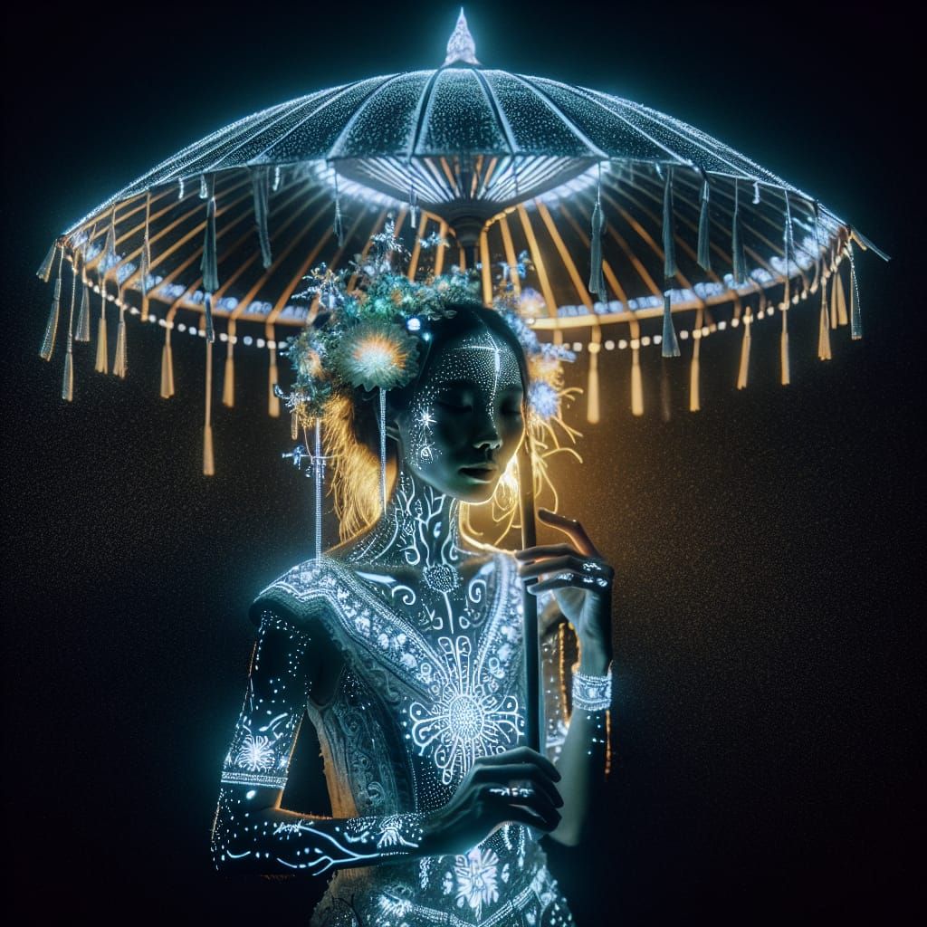 Bioluminescent Woman with Umbrella in the Dark