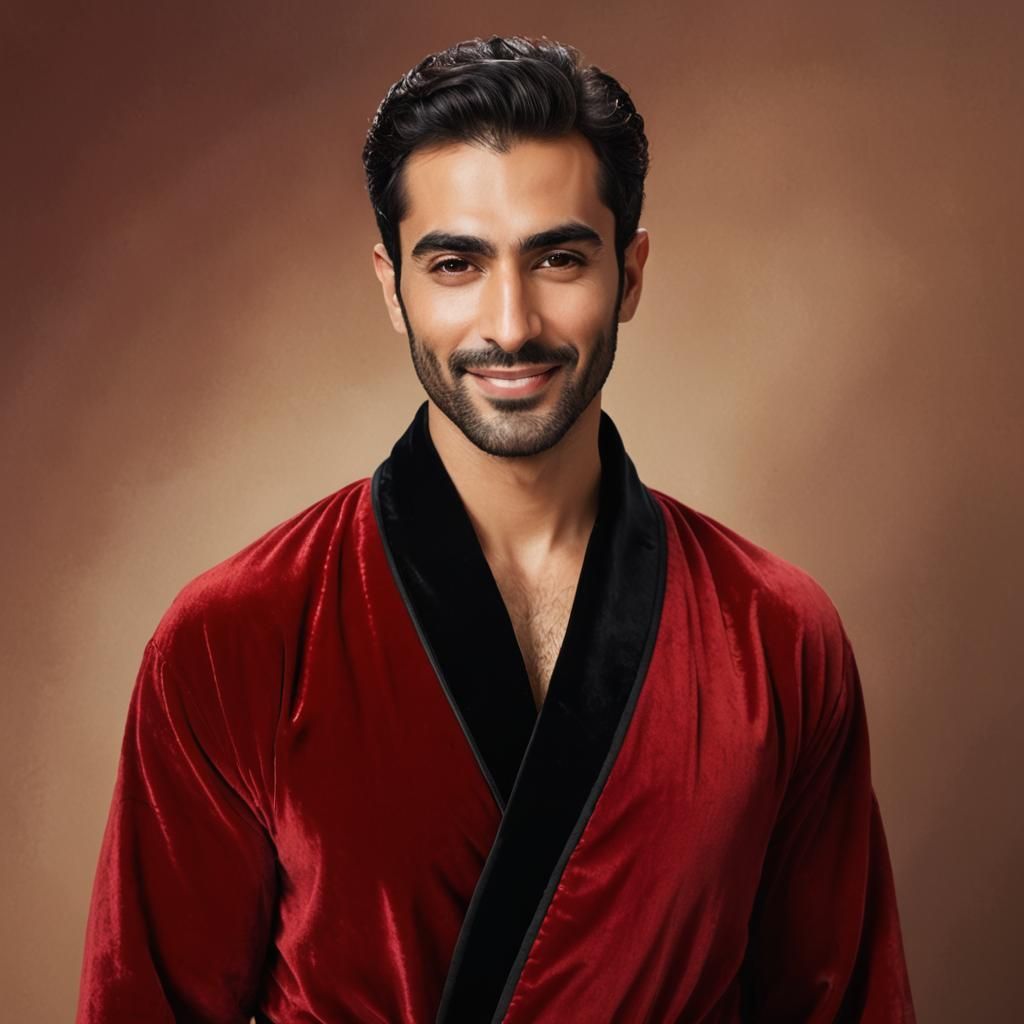 Portrait of Handsome Man in Red Velvet Bathrobe