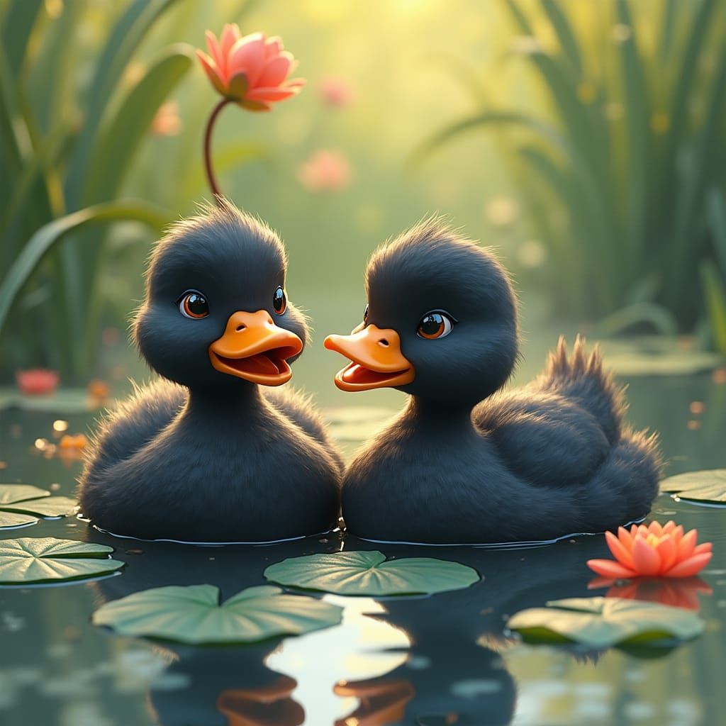 Black Ducks in Impressionistic Pond