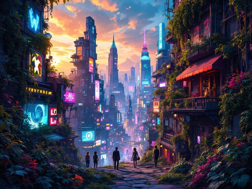 Vibrant Cyberpunk Cityscape in an Ancient Jungle