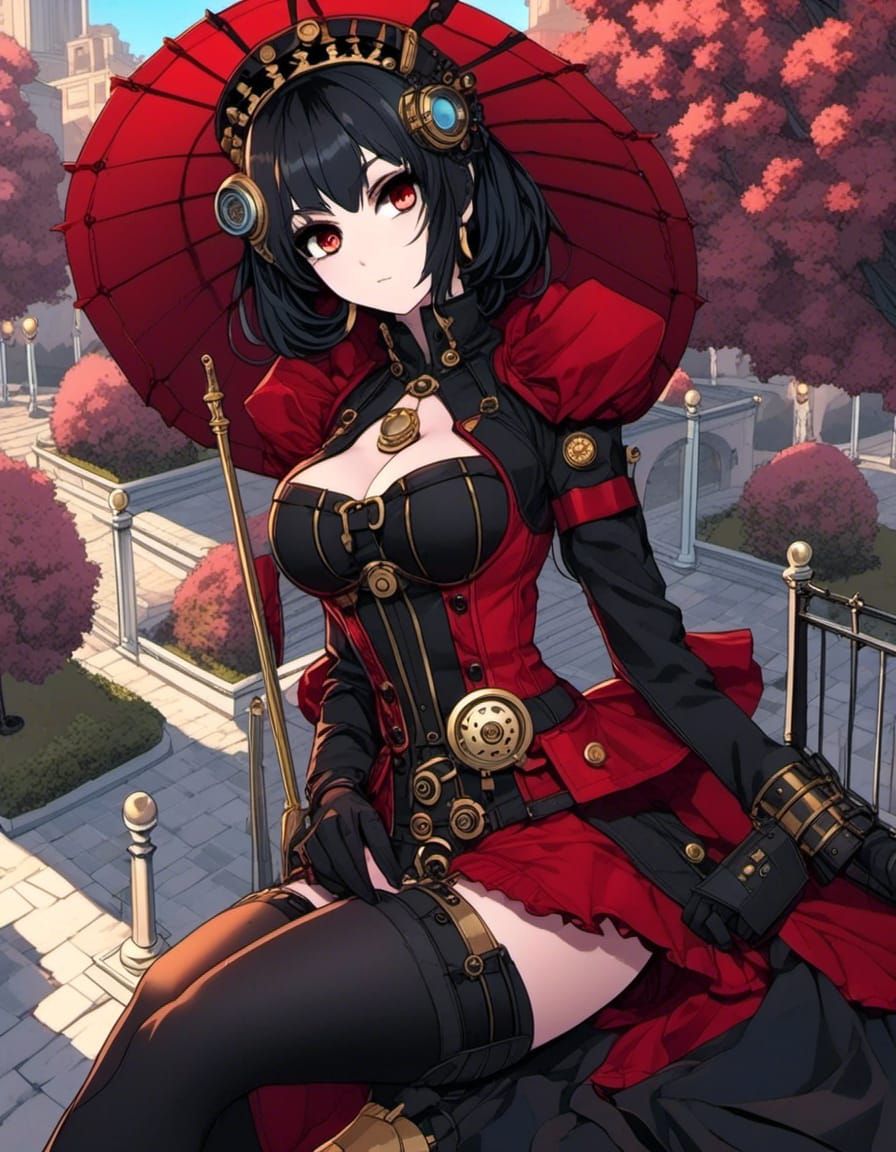 comic Anime elevated view of female Goth Steampunk in city square park. Red, brass with black <lora:Gridimation:1.0>