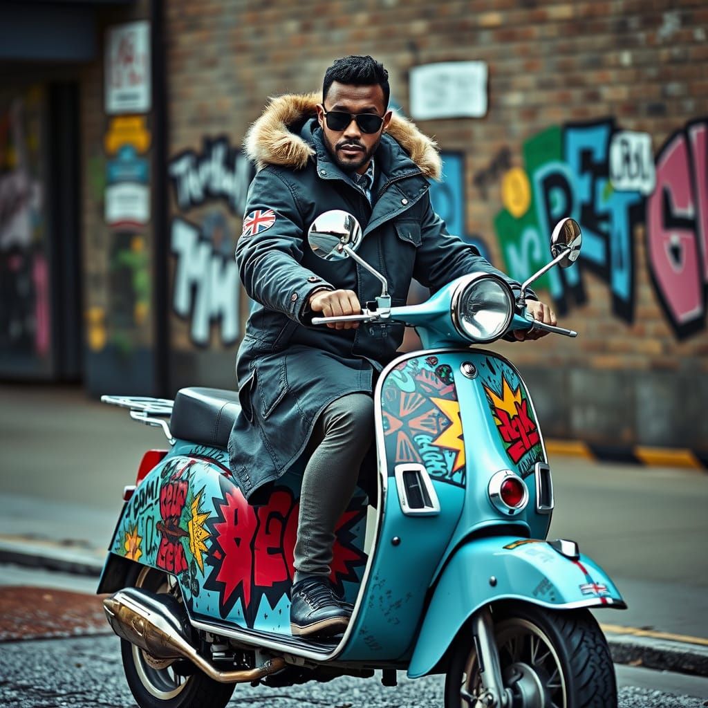 Mod wearing a parka on a mod scooter wrapped in "black messi...