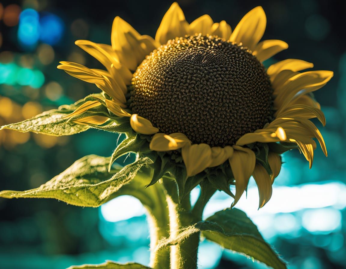 Circuit Board Sunflower with Binary Code Center