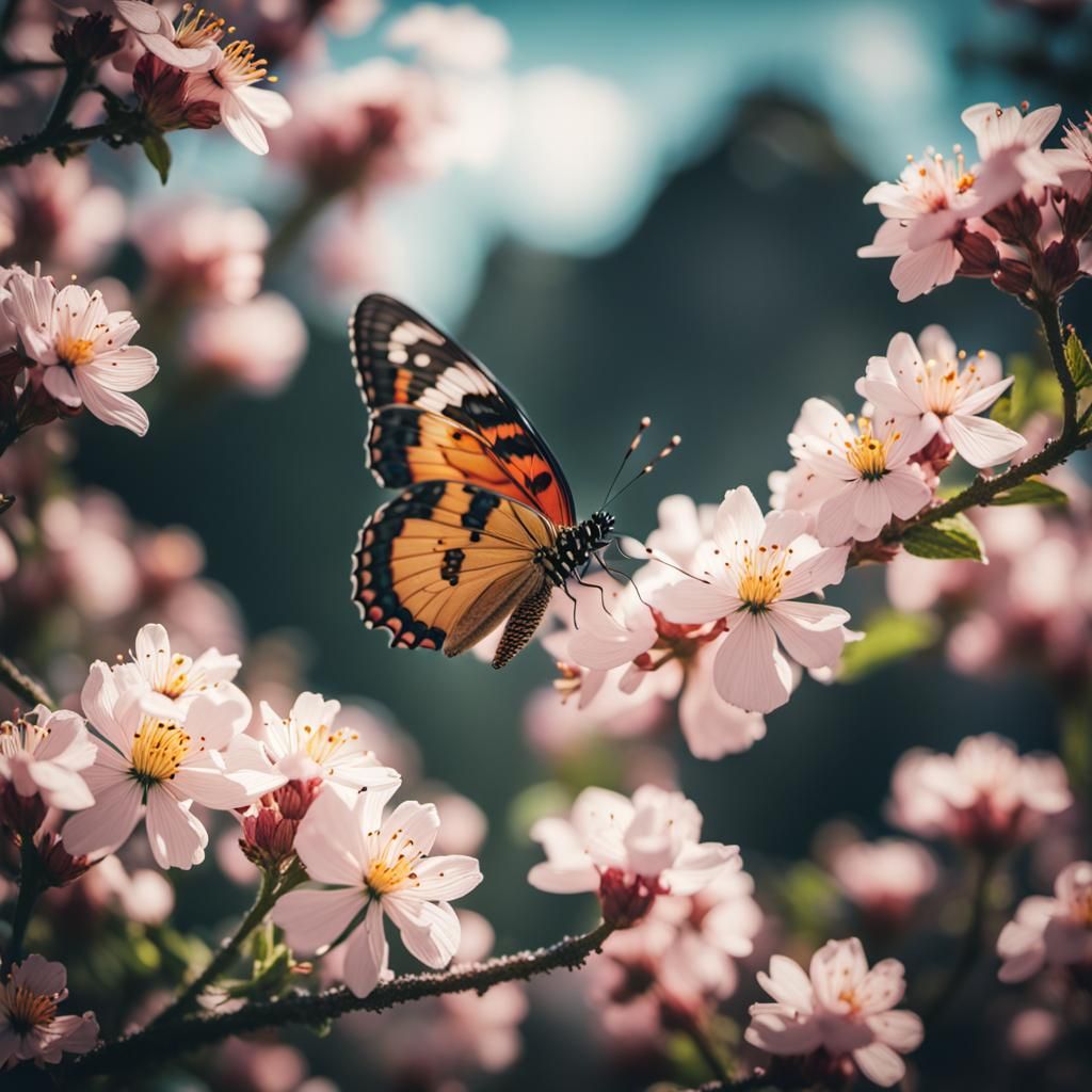 Butterfly on Blossom in Cinematic Style