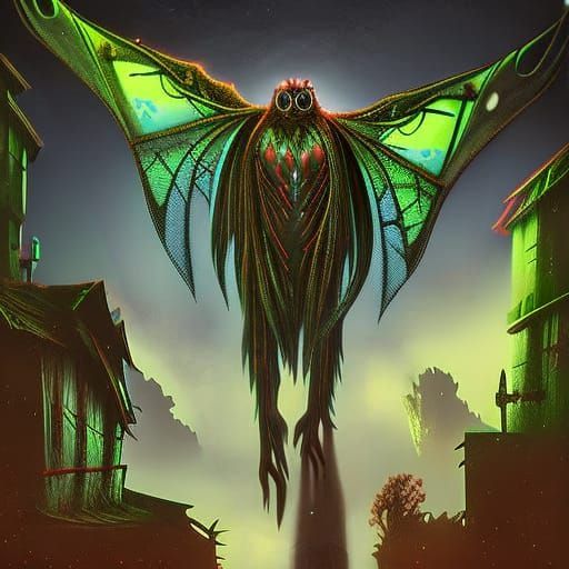 Menacing Mothman in Abandoned City, Detailed Matte Painting