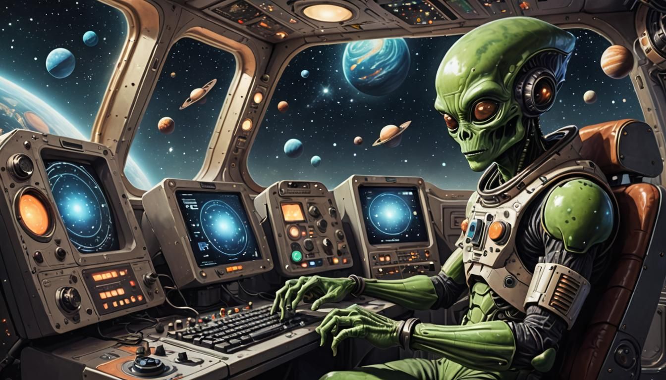 Alien Humanoid in Retro Spaceship, Digital Art