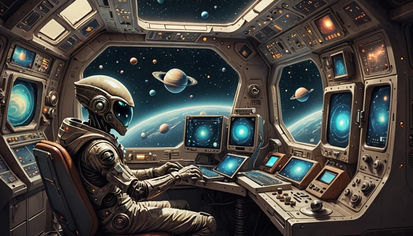 Retro Spaceship Scene with Alien Computer User