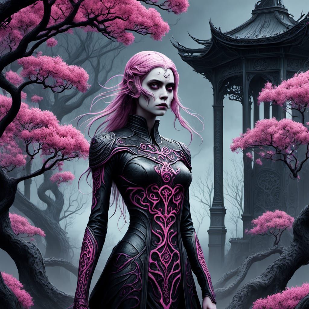 Biomechanical Sakura Goddess in Gothic Horror Style